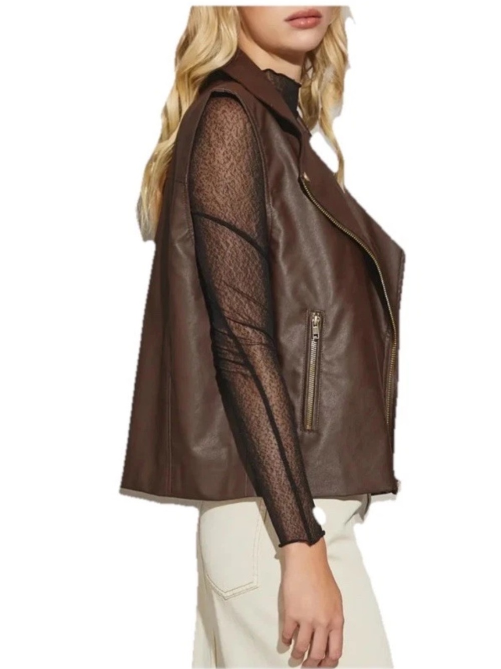 Mustard Seed Faux Leather Oversized Moto Vest Jacket Brown Size Small NWT